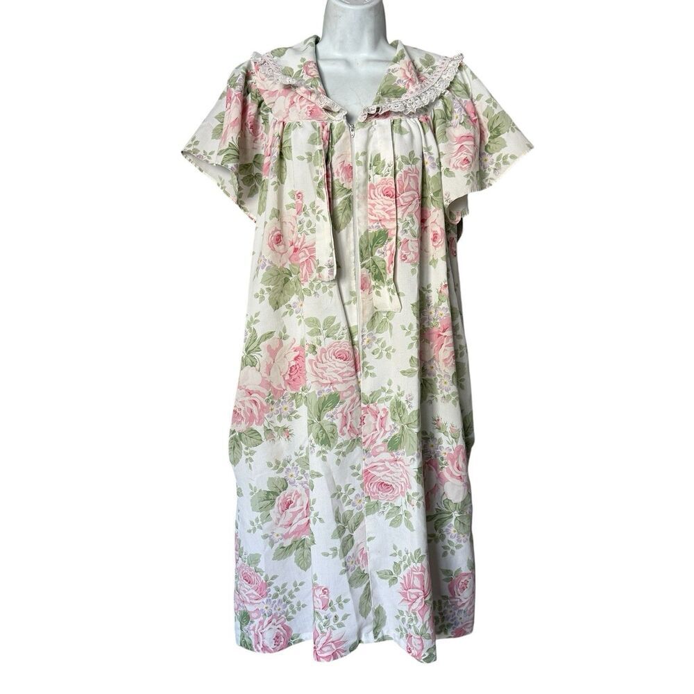 VTG 70s TARA Floral Rose Zip Front Housecoat Nightgown Lace Collar L Cottage